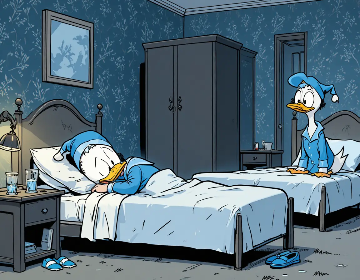 Zwei Enten mit Schlafmützen sind in einer Schlafzimmer-Szene im Comicstil zu sehen