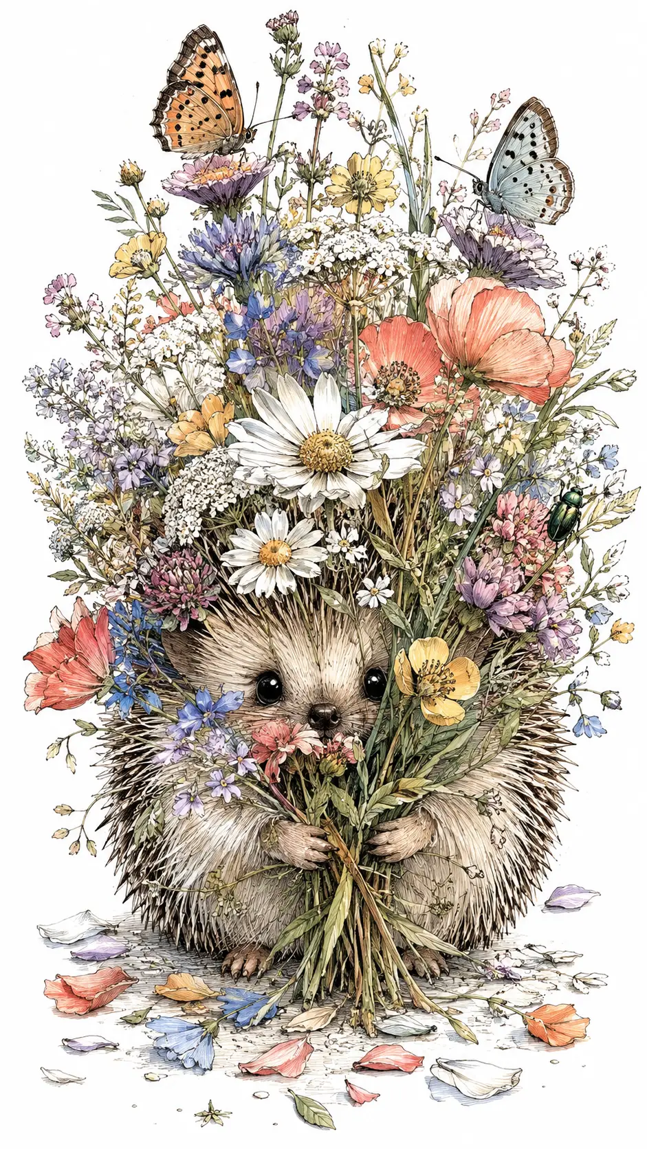 A Tiny Hedgehog Peeks Through an Oversized Wildflower Bouquet