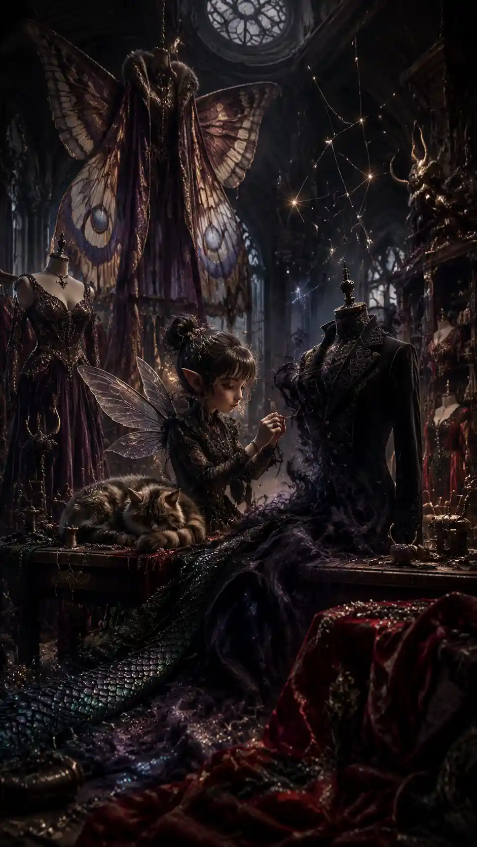 A little fae seamstress stitches a shadow into a velvet coat in an abandoned atelier