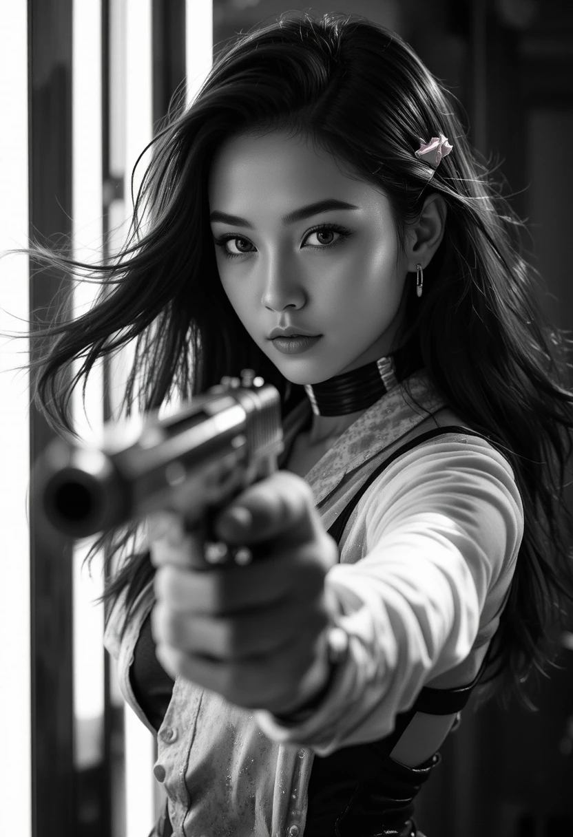 A Japanese woman aims a gun toward the camera in a half-body portrait