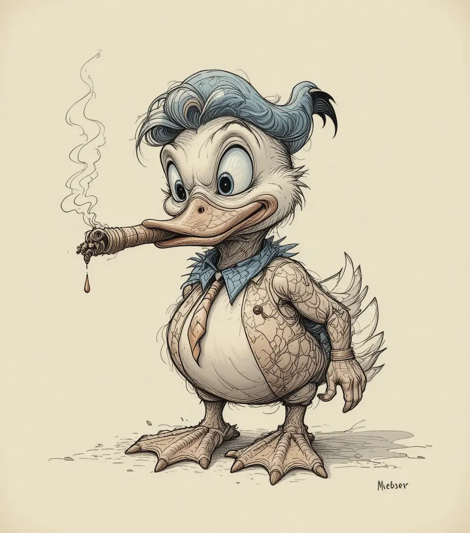 A duck with Donald Trump’s head holds a cigar in a humorous illustration