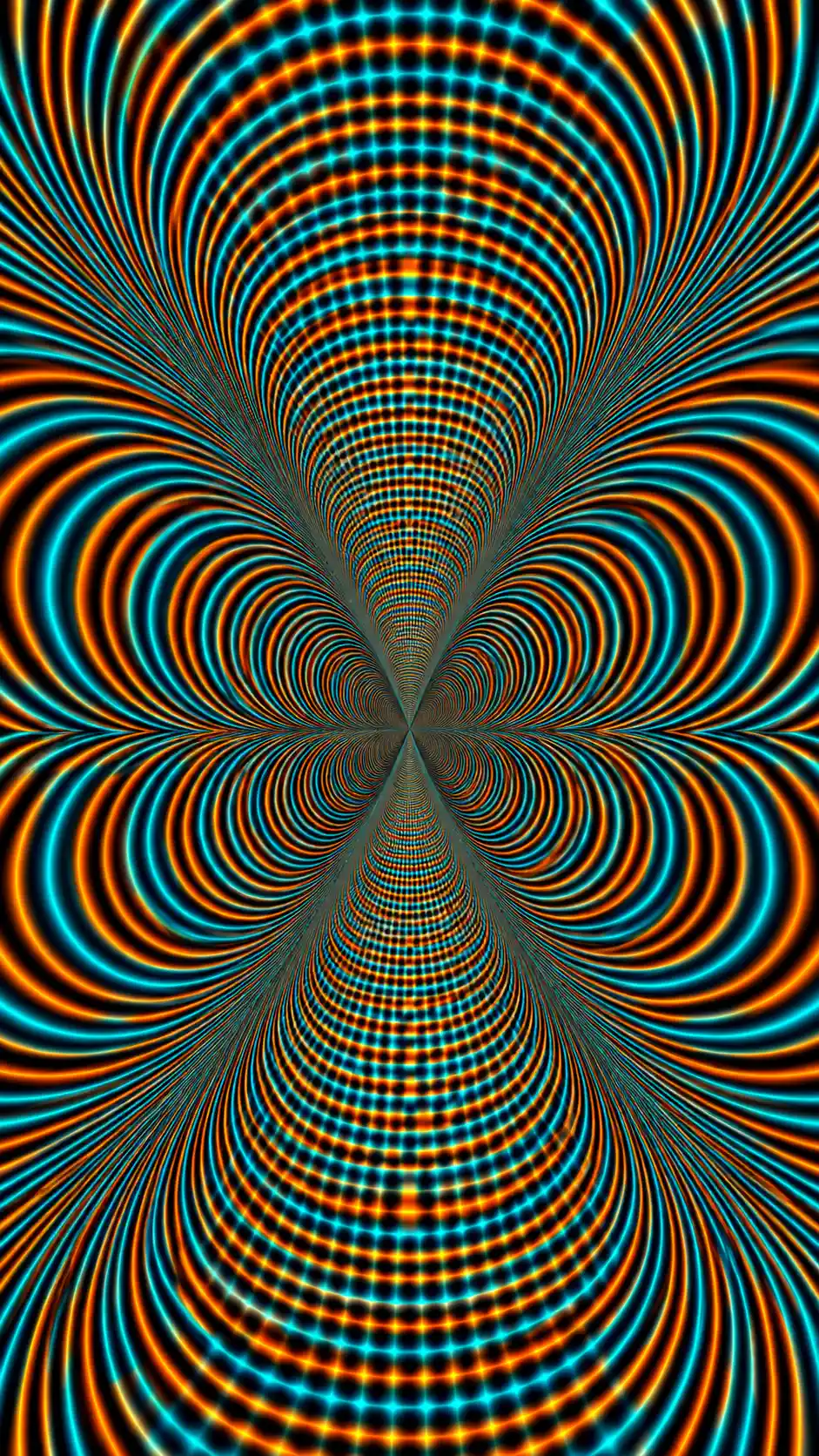 Linee di op art neon si attorcigliano in un tunnel ottico nero pulsante