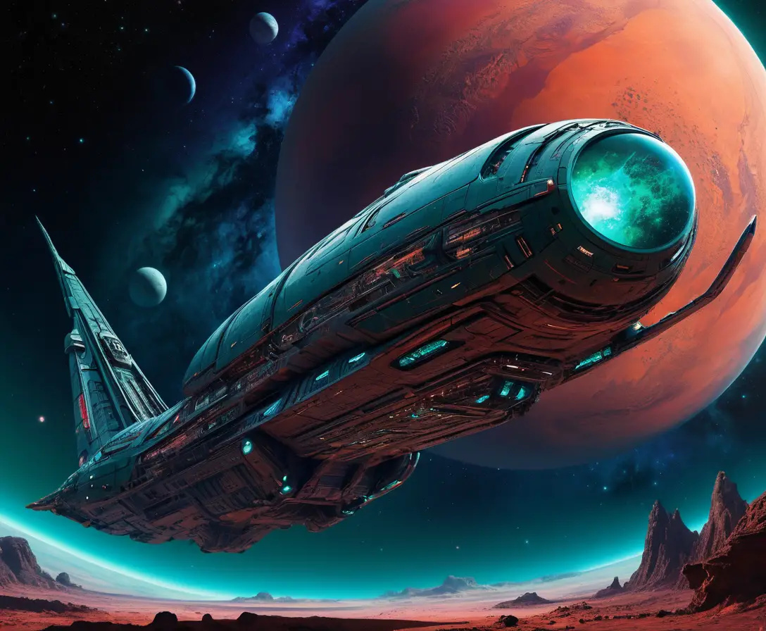 A colossal spaceship soars past a vast red planet in deep space