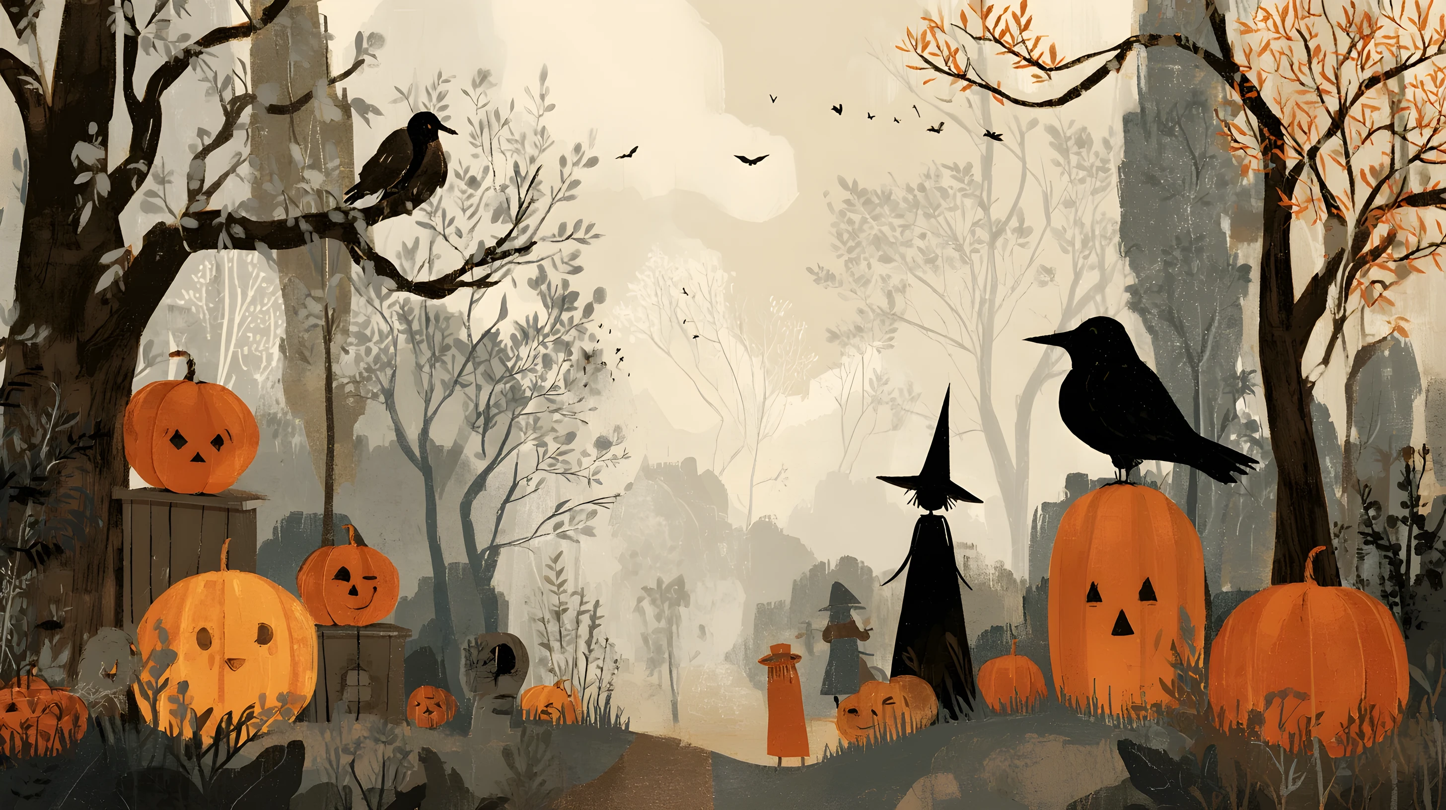 A Dadaist field of carved pumpkins, crows, ghosts, a witch, and a scarecrow at Halloween