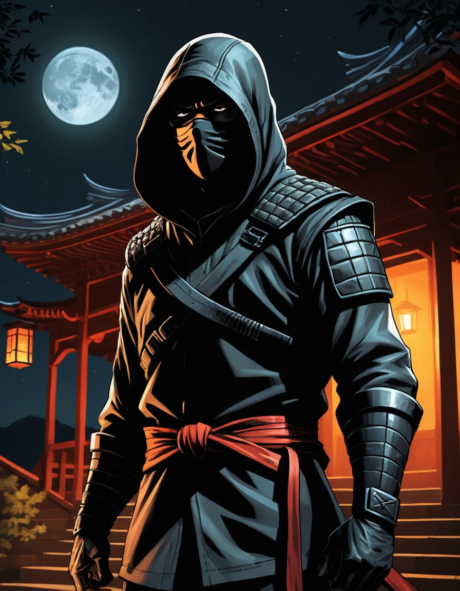 A hooded ninja stands beneath moonlight in a pagoda courtyard