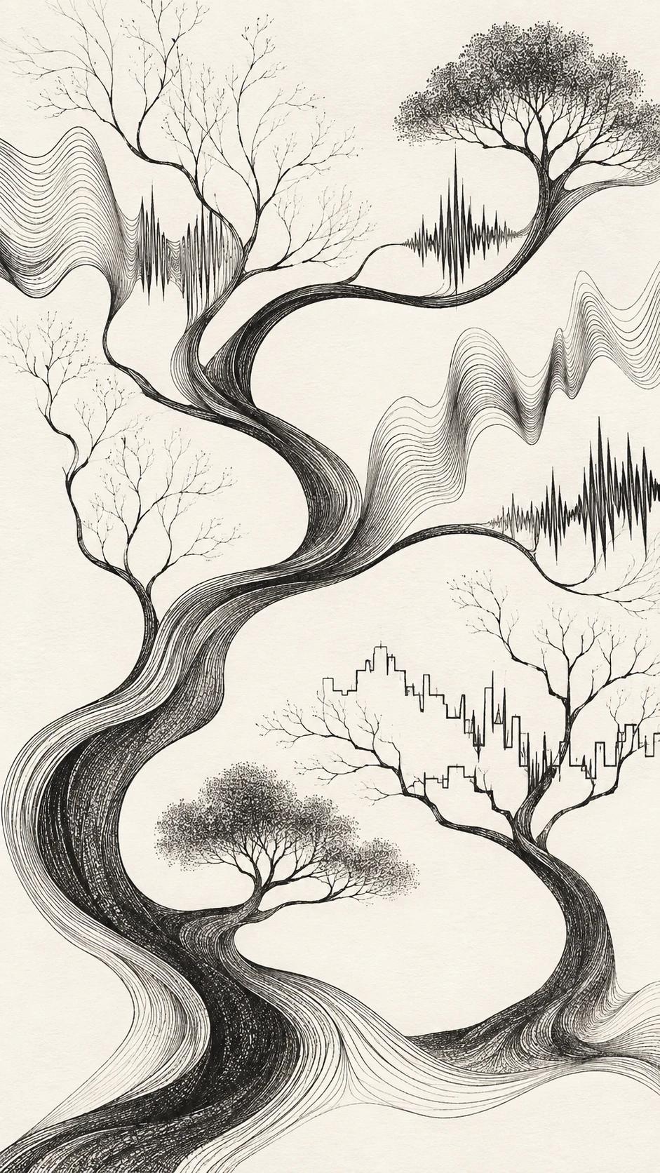 Abstract trees unfurling into flowing ink curves across ivory space