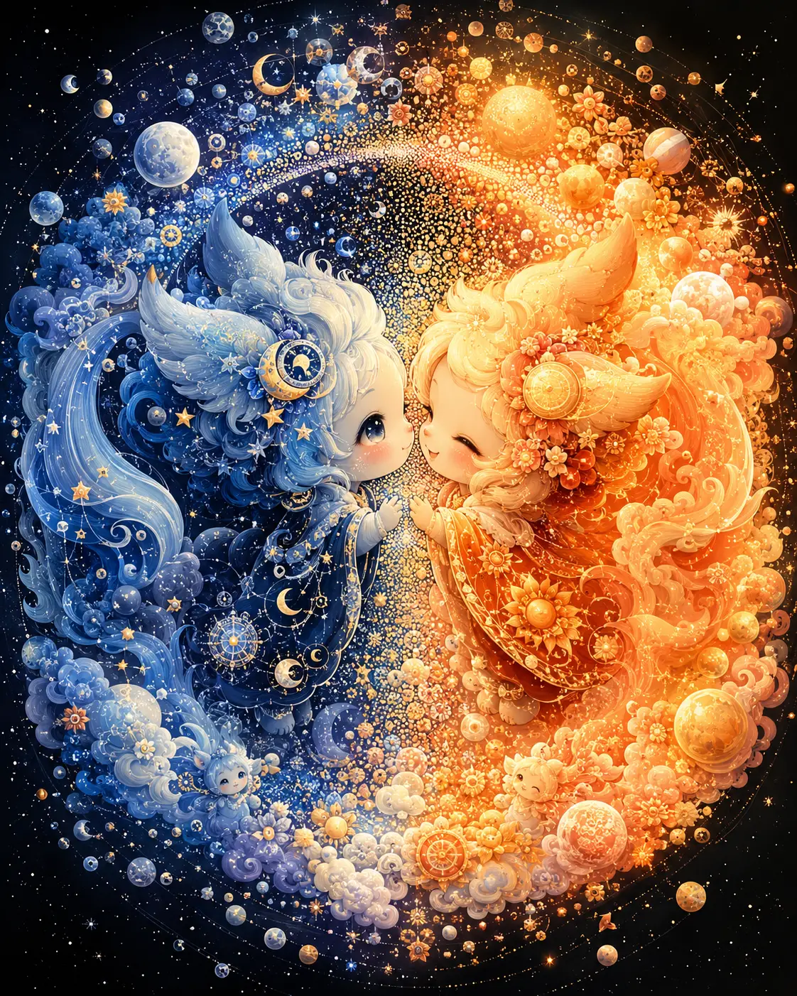 Personaggi ispirati alla Luna e al Sole fluttuano uno di fronte all'altro in un'eclissi circolare
