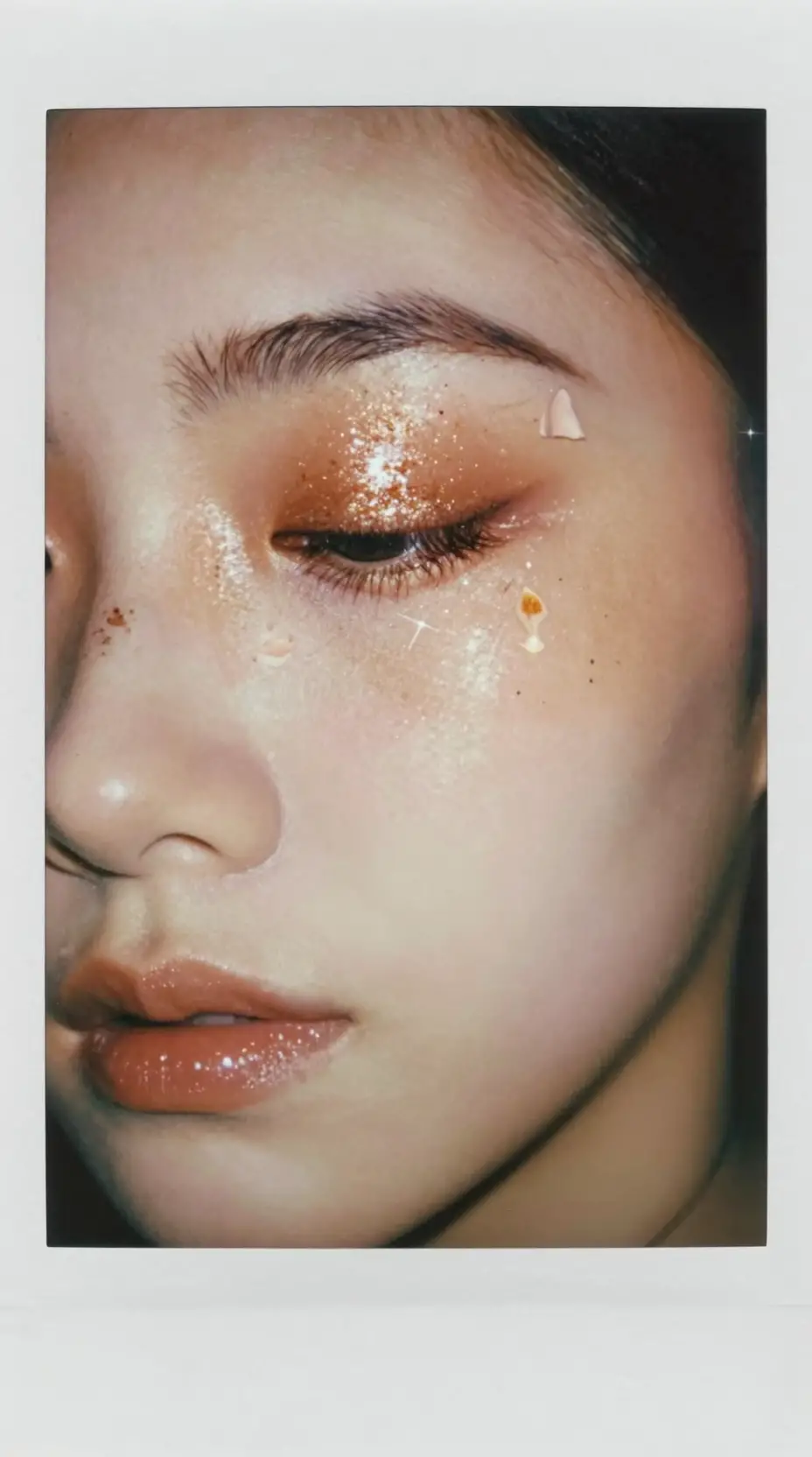 A copper glitter eyelid with a delicate peach petal accent