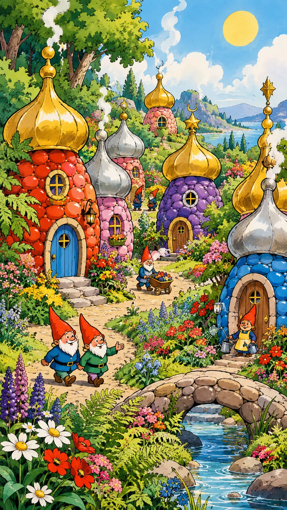 Un colorato villaggio di gnomi con case di ciottoli sotto cupole a cipolla ornamentali