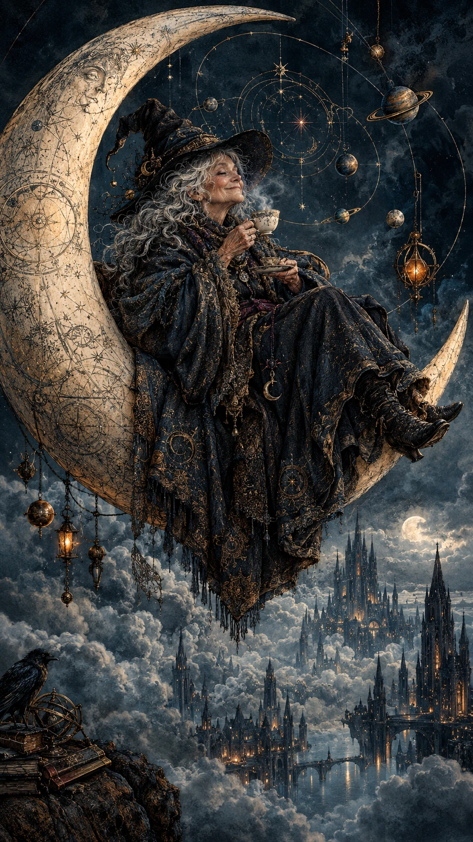 An elderly witch sits on a crescent moon above a gothic city in the clouds