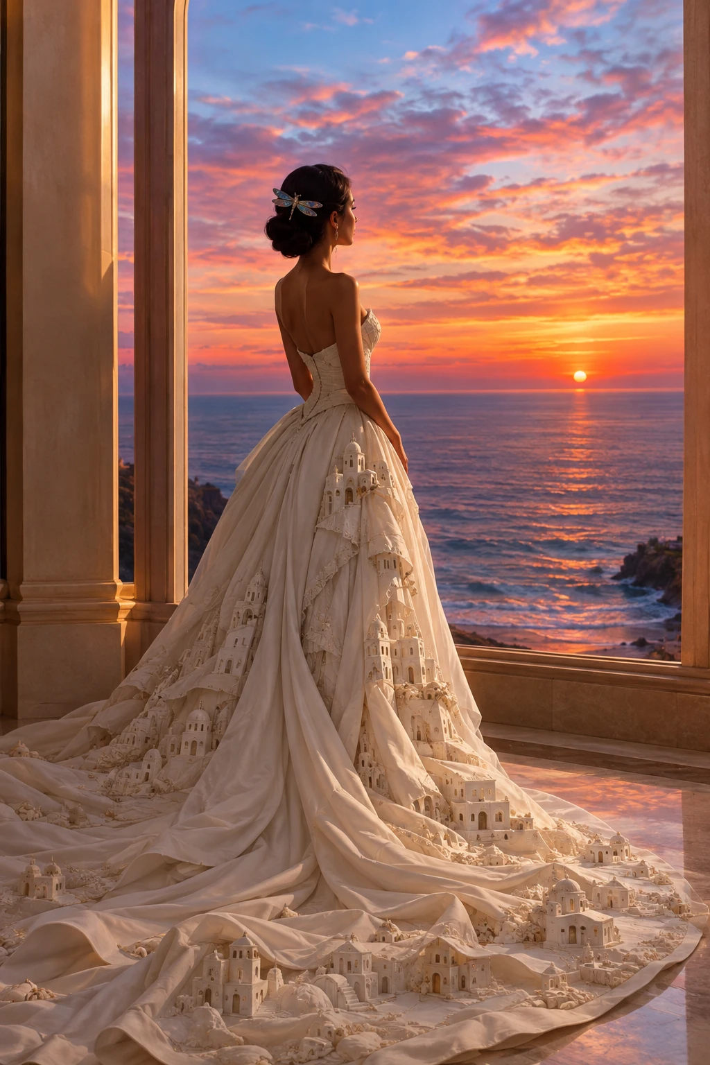 A woman silhouetted by a window over a sunset ocean