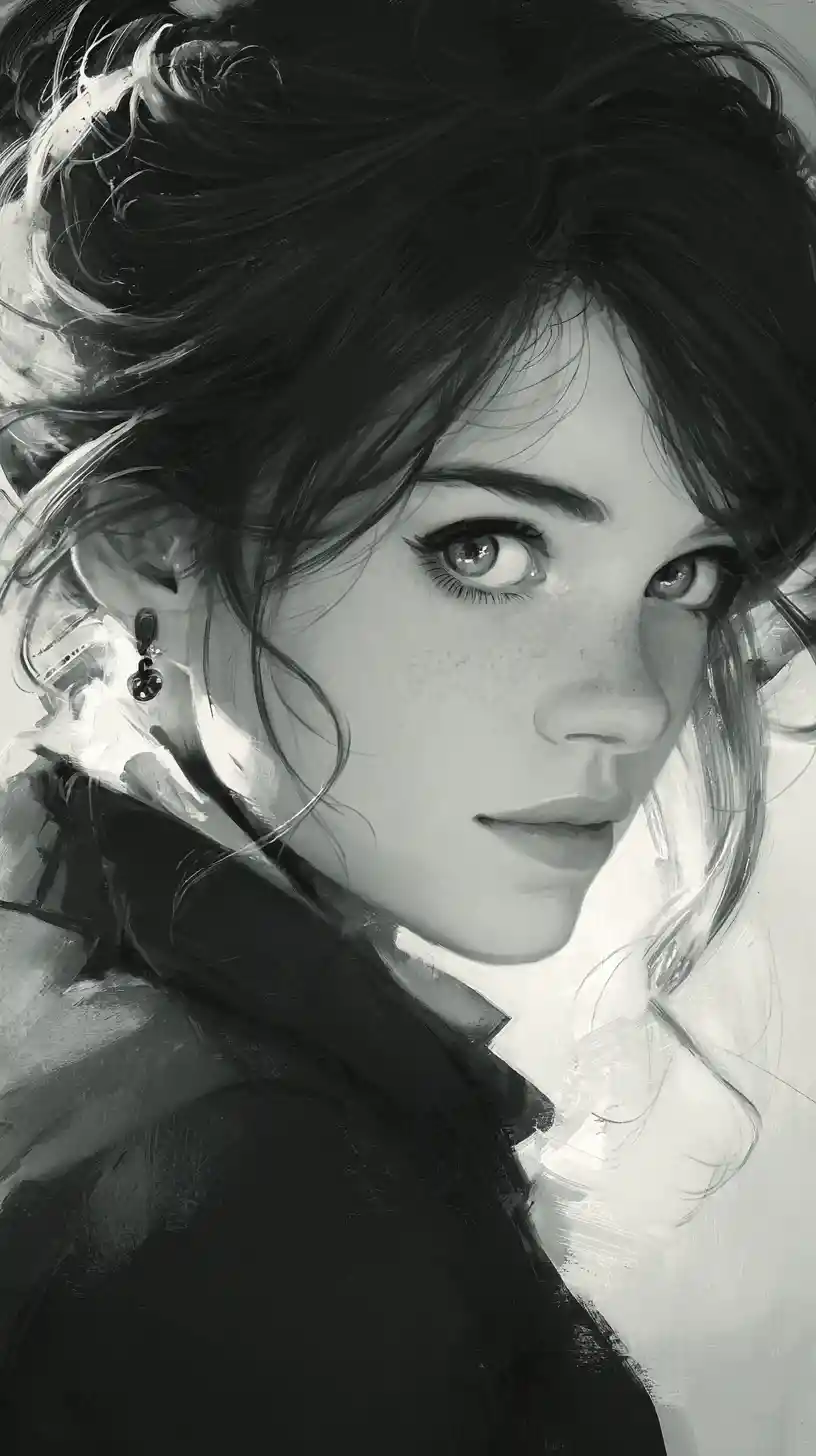 Una bella giovane donna dagli occhi espressivi in un ritratto 2D a strati