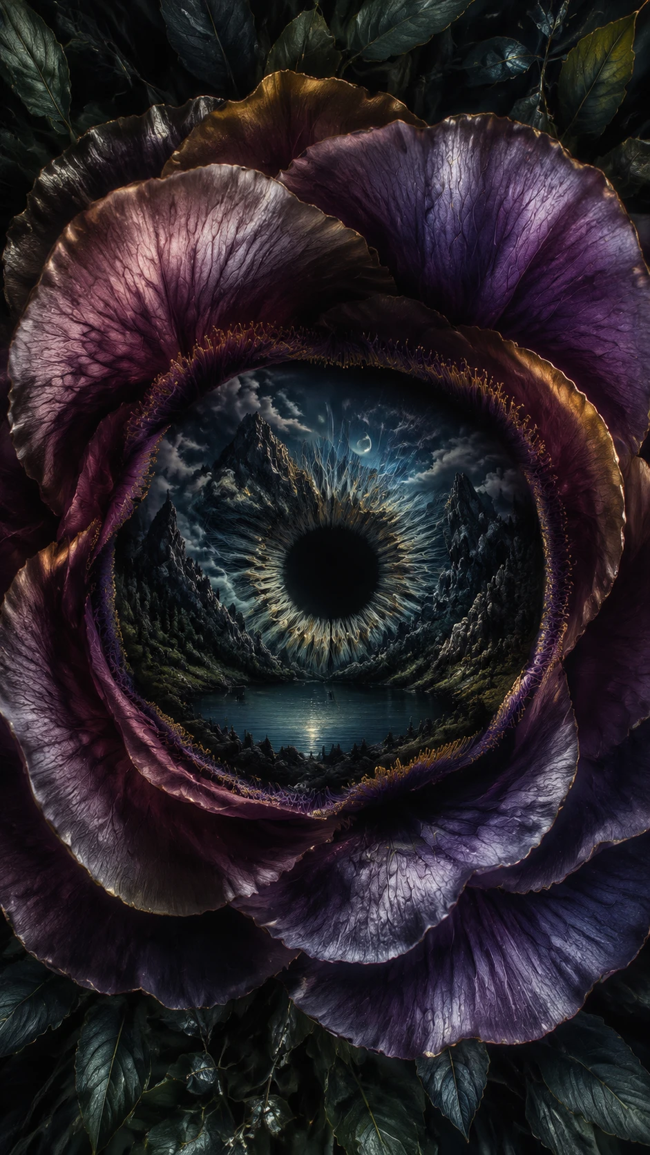 Uma enorme flor envolve um centro escuro semelhante a um olho