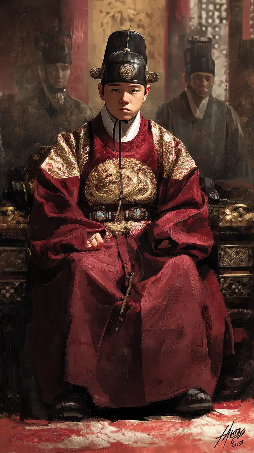 A young Korean king sits upon his throne after coronation