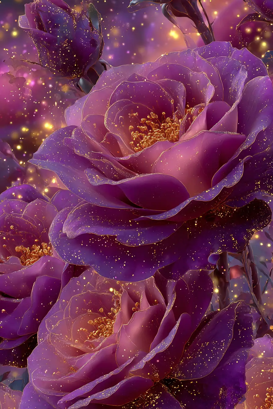 Glowing pink and purple peonies with radiant golden details