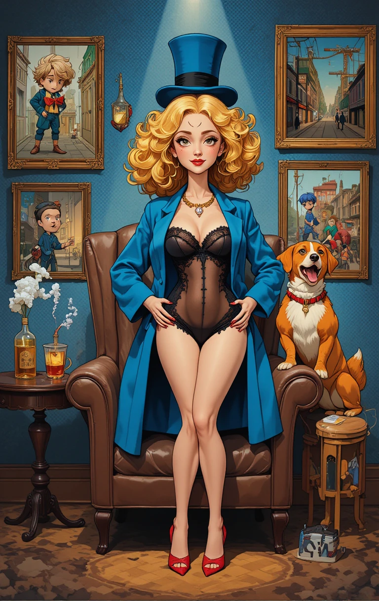 A pelican in a blue coat lounges beside a small dog in an armchair