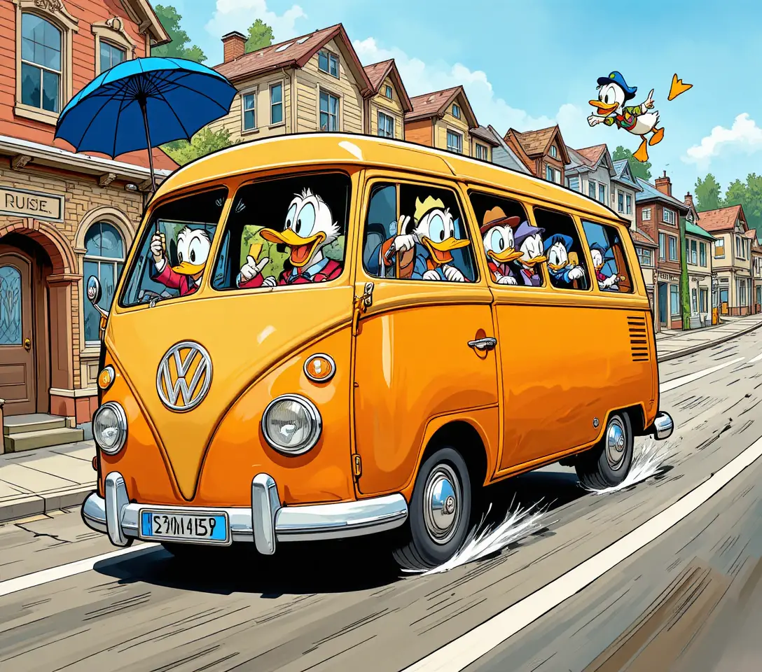 Un Volkswagen Bulli sfreccia per la città con Paperino al volante