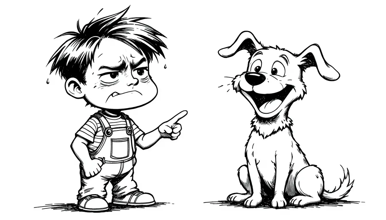 A frustrated boy points down while a laughing dog sits nearby