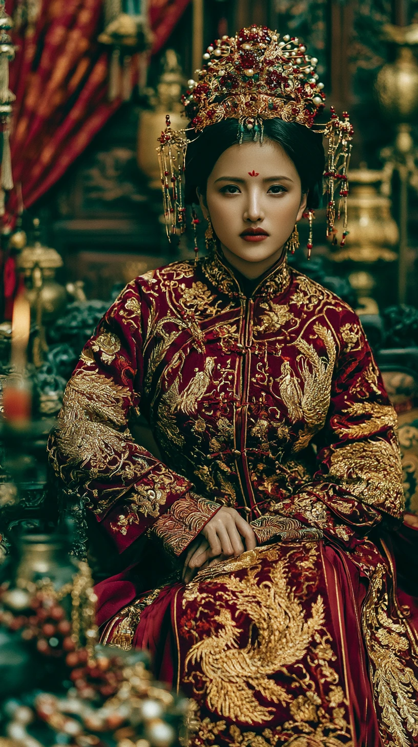 An ancient Chinese noblewoman in vermilion silk and a phoenix crown