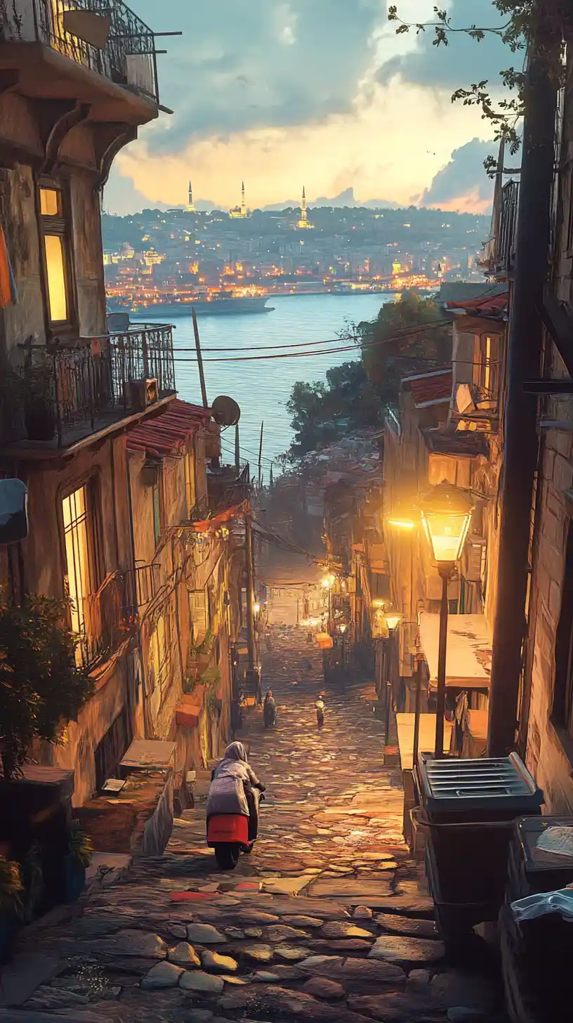 Una ripida strada acciottolata scende attraverso un quartiere costiero segnato dal tempo