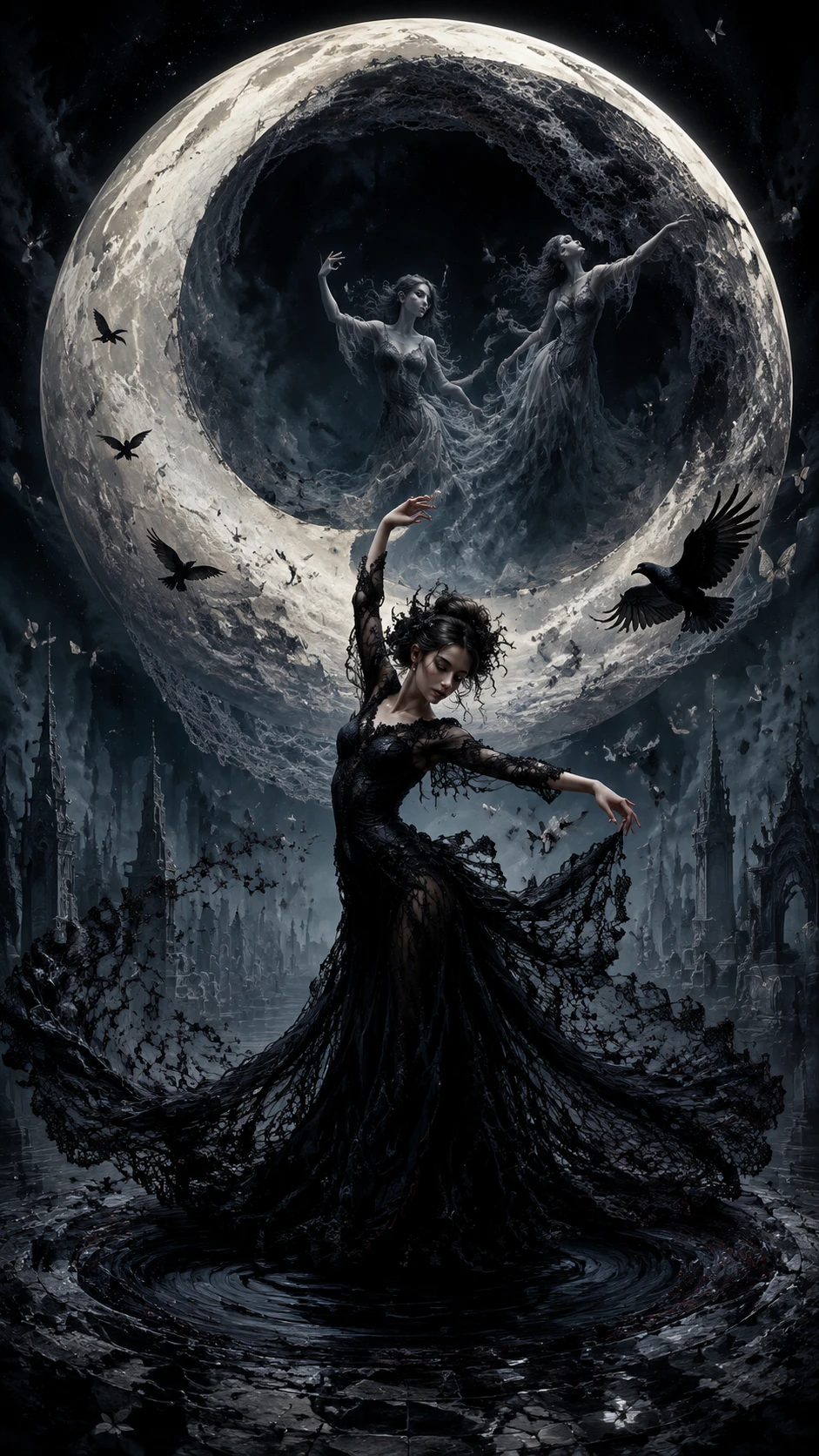 A Solitary Dancer Beneath an Enormous Hollow Moon in a Misty Cemetery