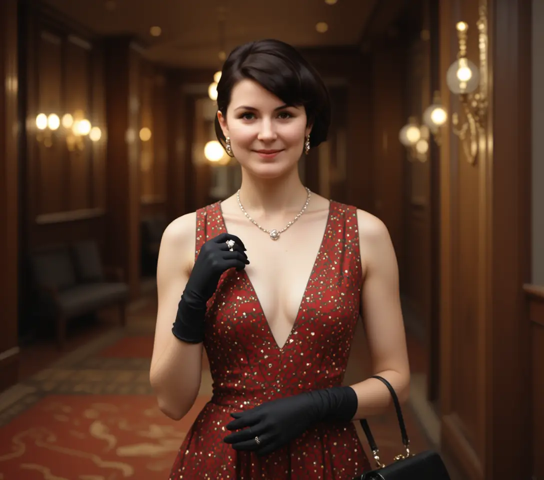 Eine Frau wartet in einem Düsseldorfer Hotellobby in einem Abendkleid aus dem Jahr 1957