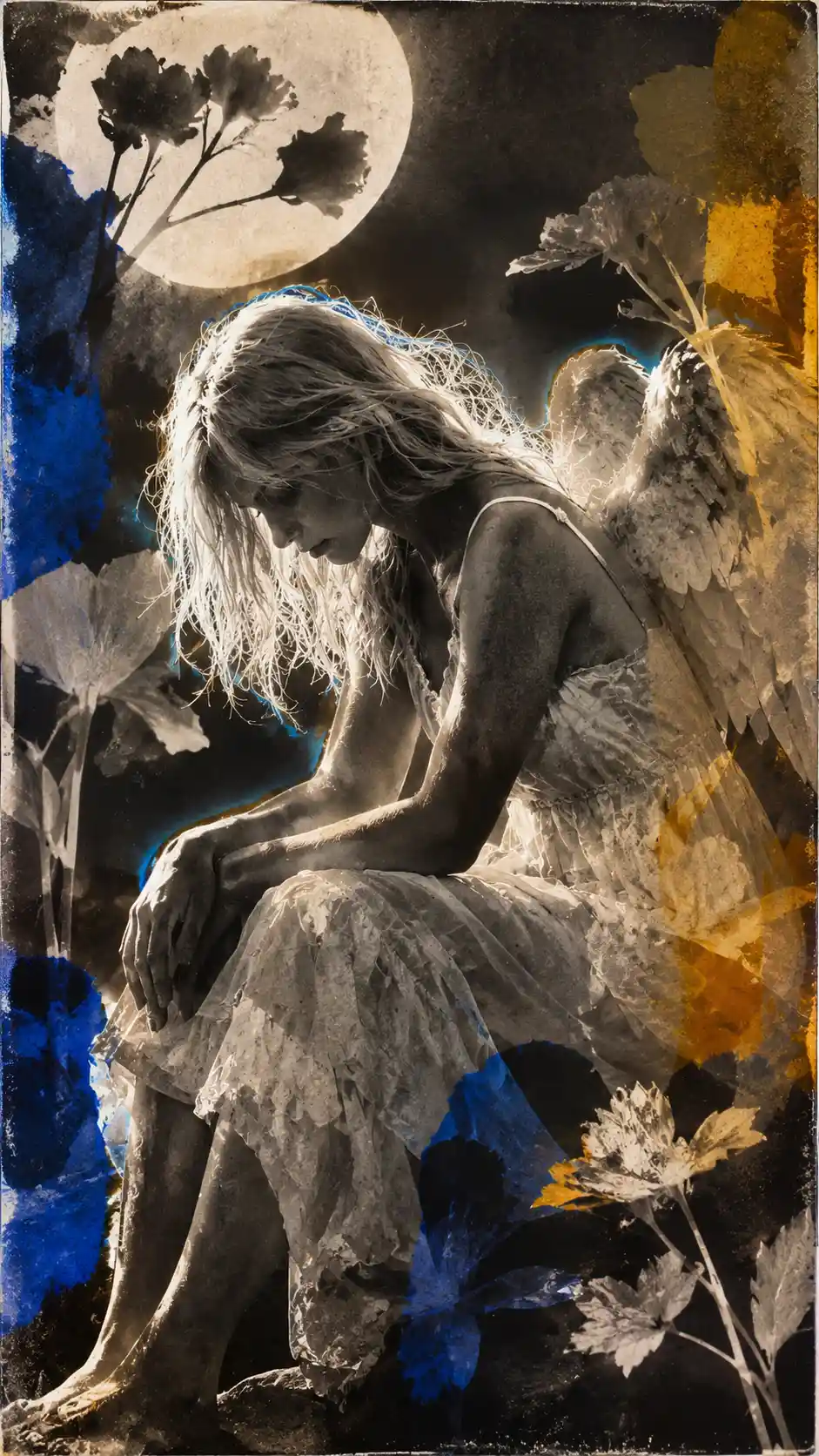 Solarized photogram art with monochrome forms and selective color accents