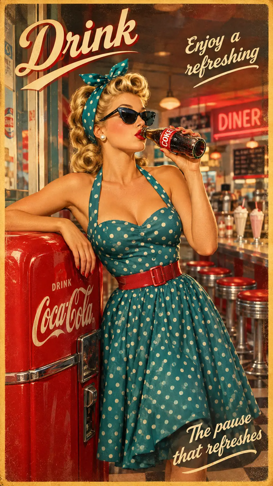 Eine glamouröse Pin-up-Frau genießt ein Getränk neben einem Verkaufsautomaten im Vintage-Stil
