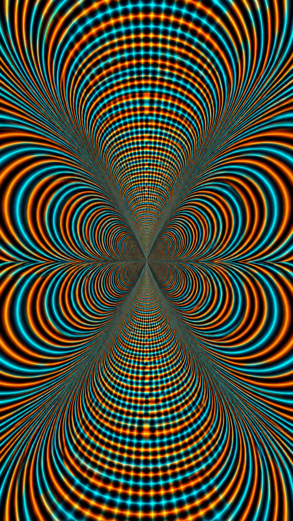 Linee di op art neon si attorcigliano in un tunnel ottico nero pulsante