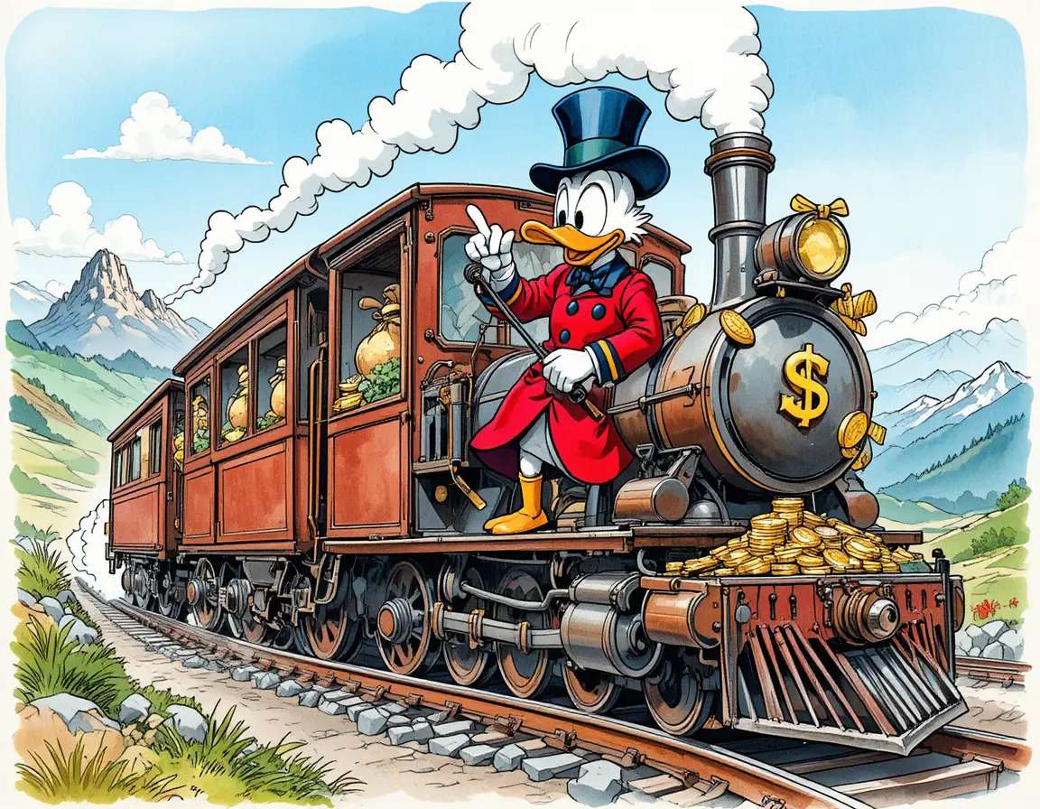 Paperon de' Paperoni attraversa un paesaggio montano a bordo di un treno a vapore