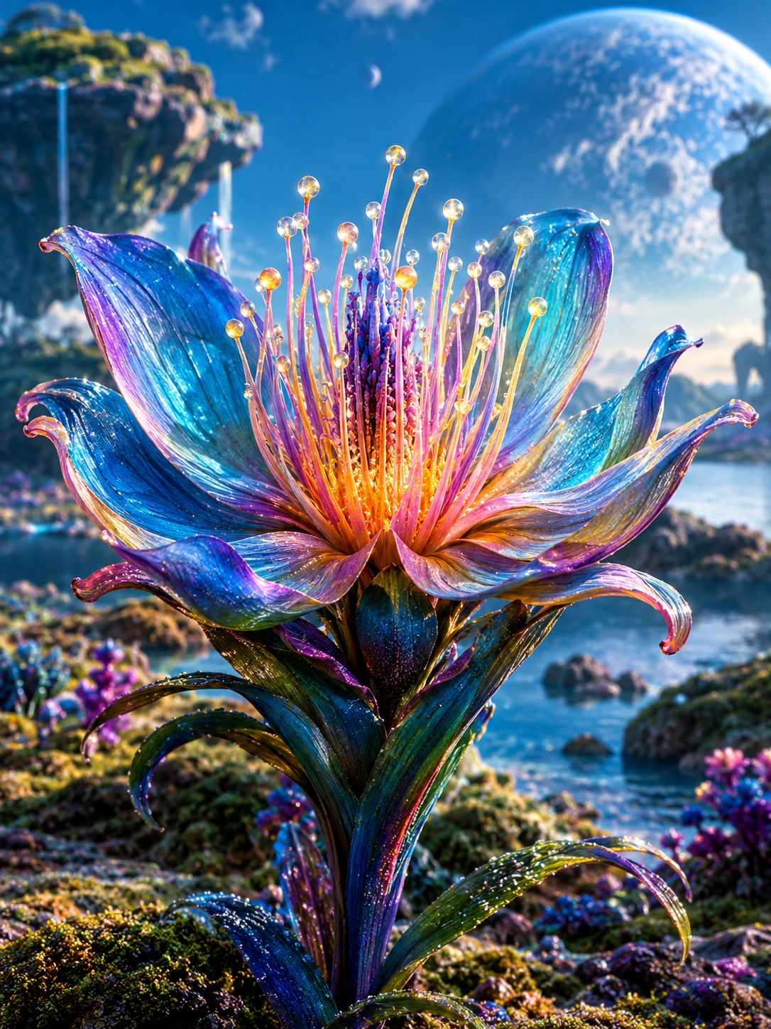 Gros plan sur une fleur extraterrestre sur une planète aux rêves perdus