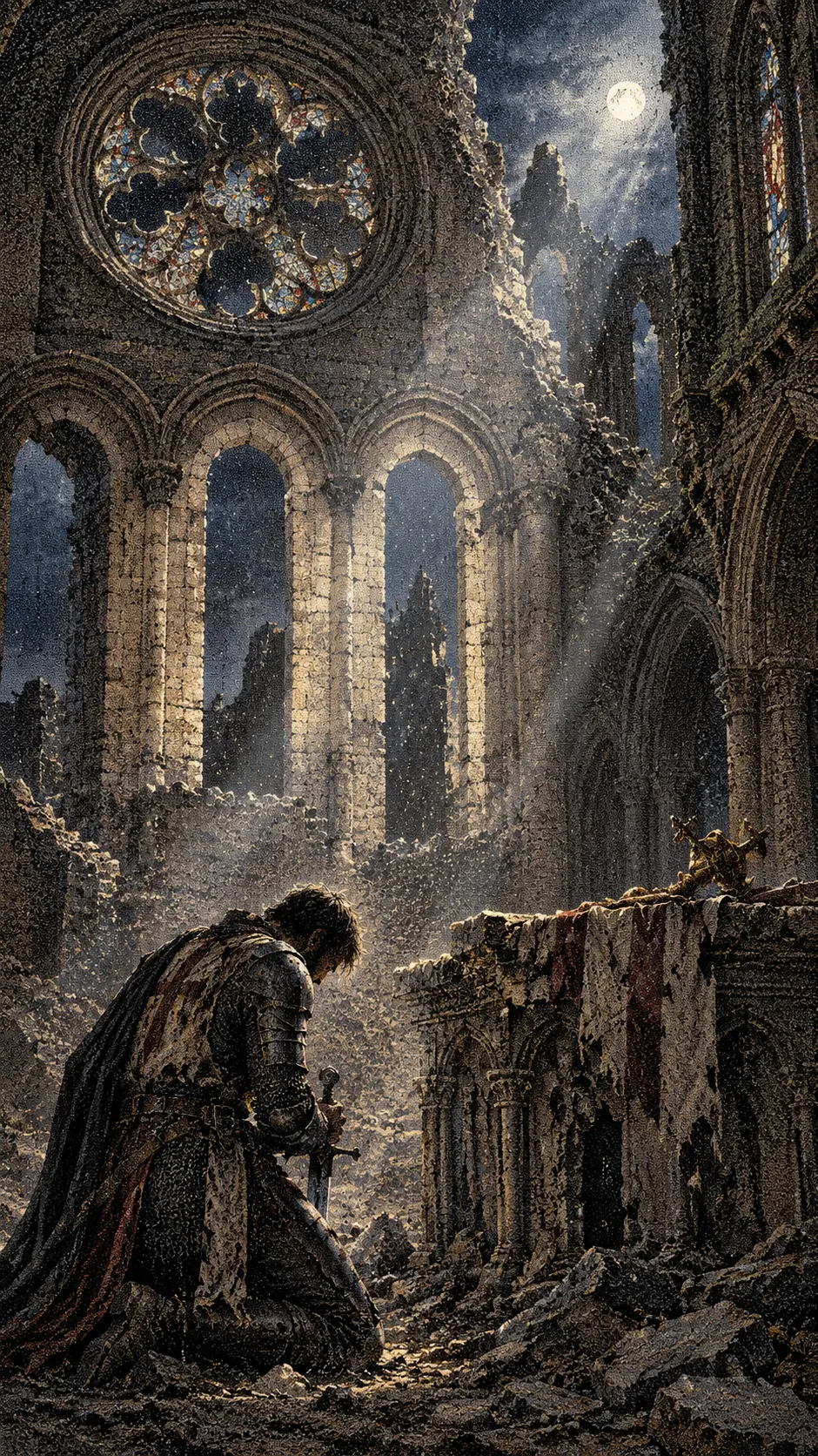 Un cavaliere esausto si inginocchia davanti a un altare distrutto tra le rovine di una cattedrale