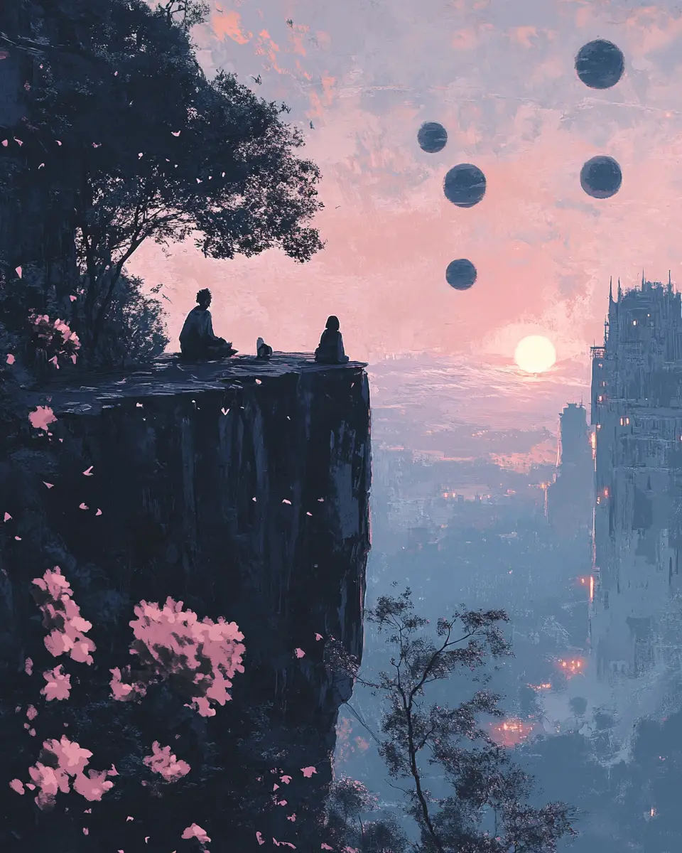 Furry Figures Watch Nightfall Beside the Sea as an Ancient City Unfolds