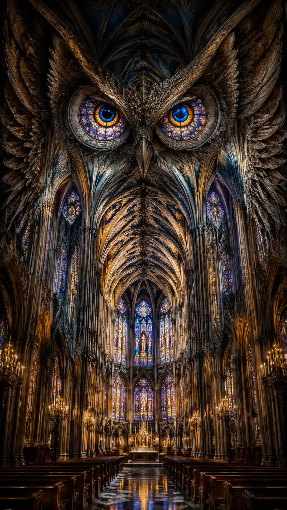 Eine alte Kathedrale offenbart eine Eule in ihrer Gewölbearchitektur