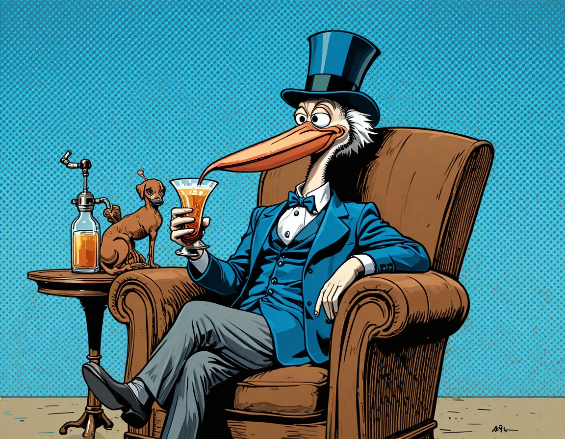 A Wigged Pelican Lounges with a Small Dog in a Comic Scene