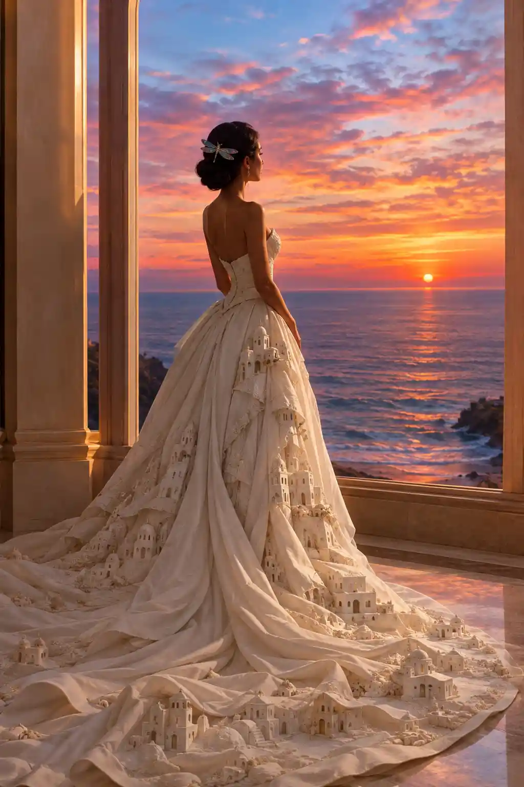A woman silhouetted by a window over a sunset ocean