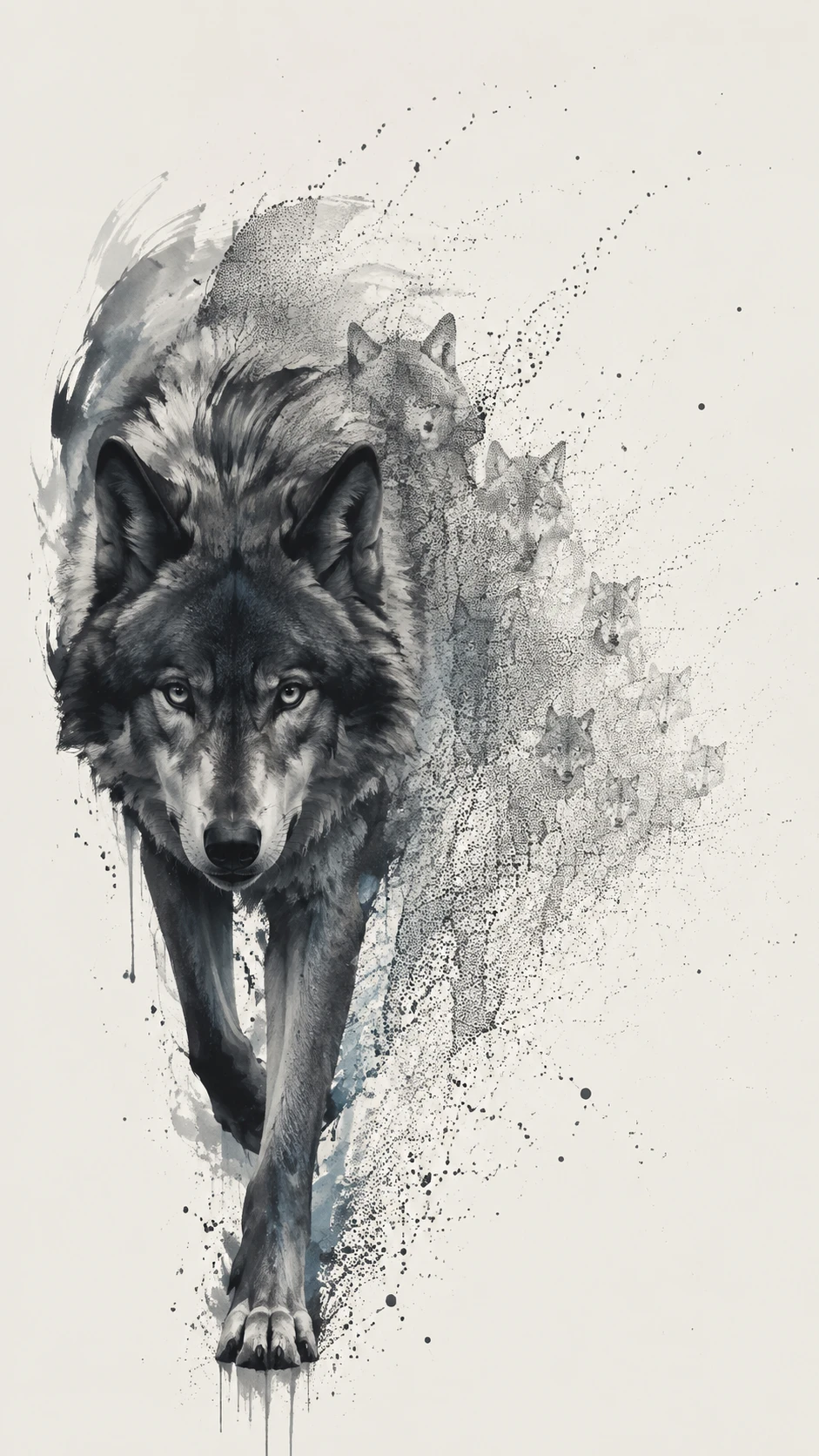 Un loup gris avance parmi des traits d'encre audacieux et un pointillisme numérique fragmenté