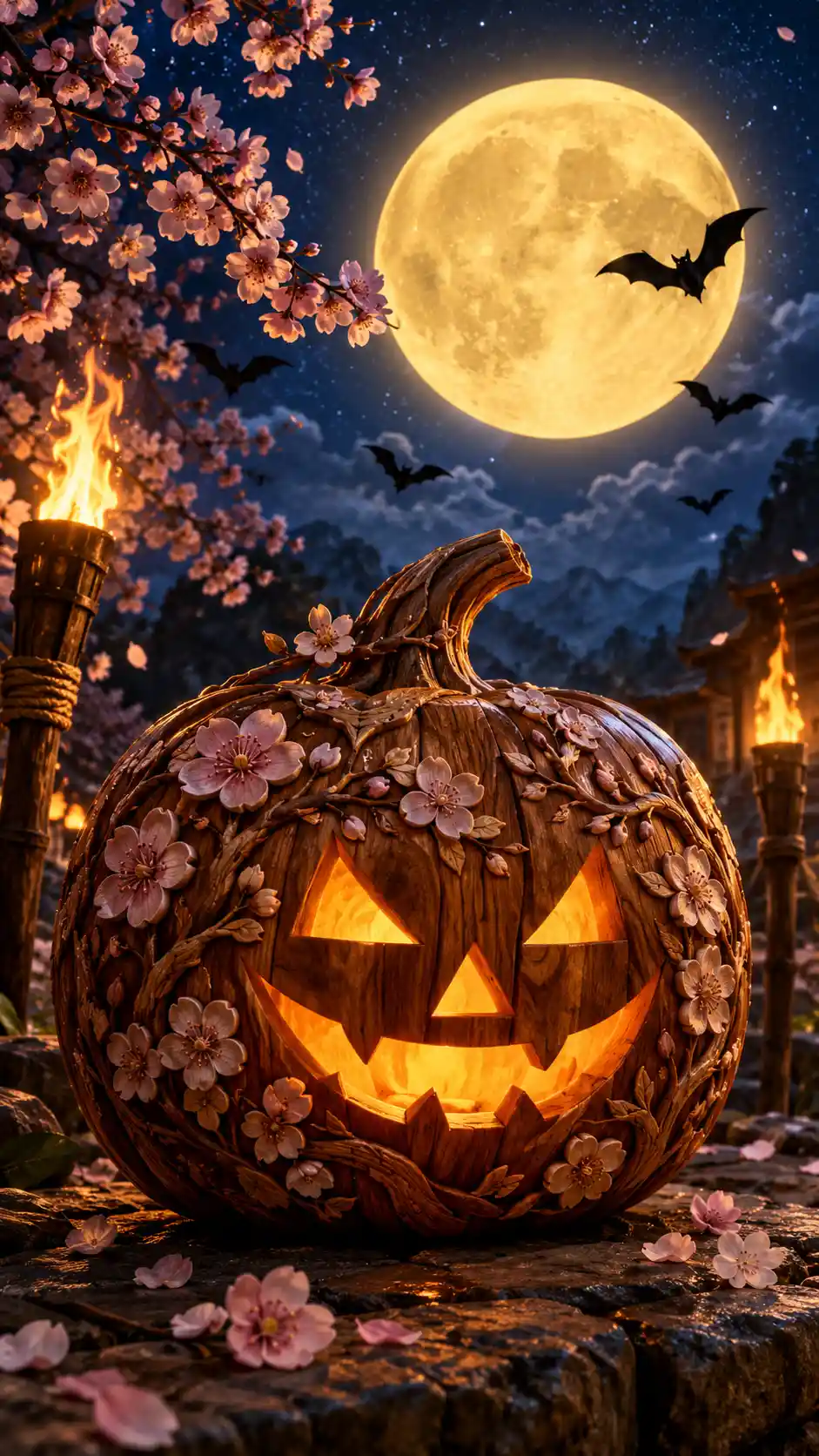Una zucca di legno intagliata e decorata con fiori di ciliegio