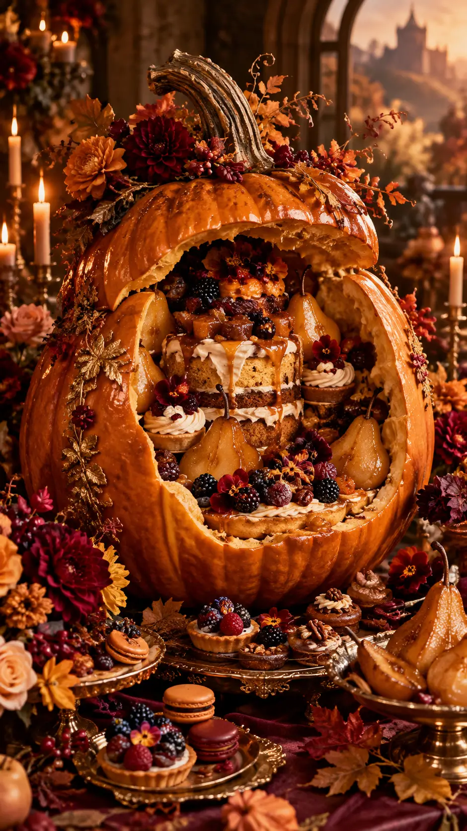 A sculptural pumpkin dessert anchors an abundant autumn table