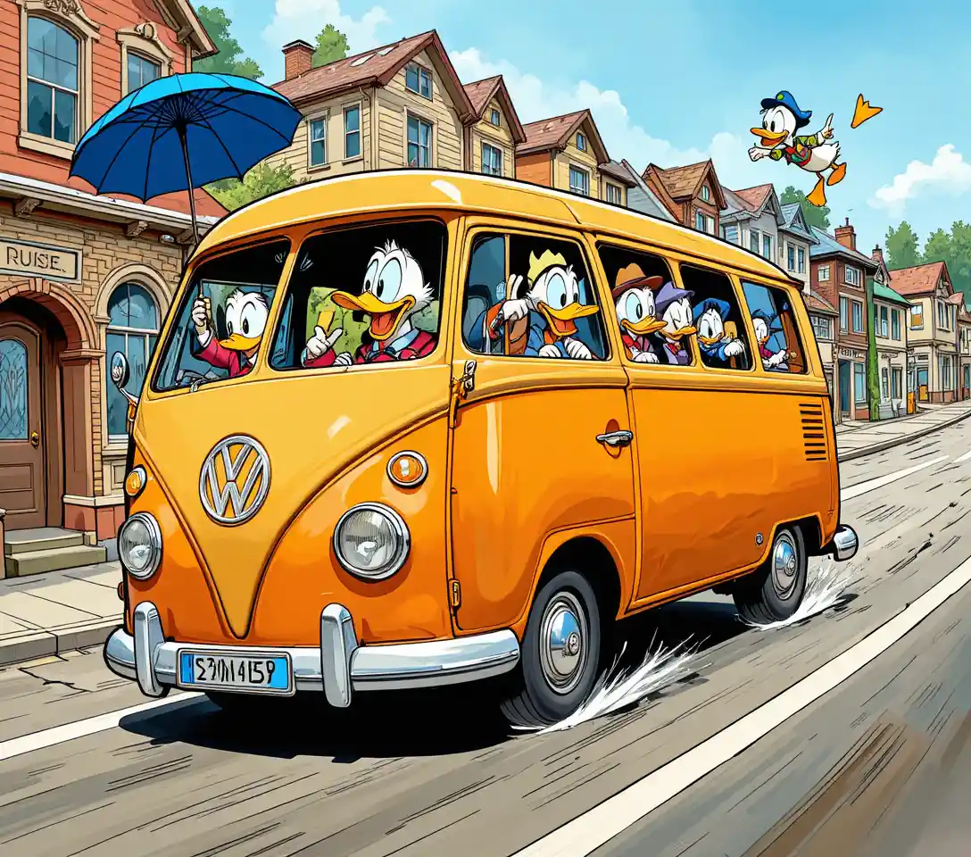 Un Volkswagen Bulli sfreccia per la città con Paperino al volante