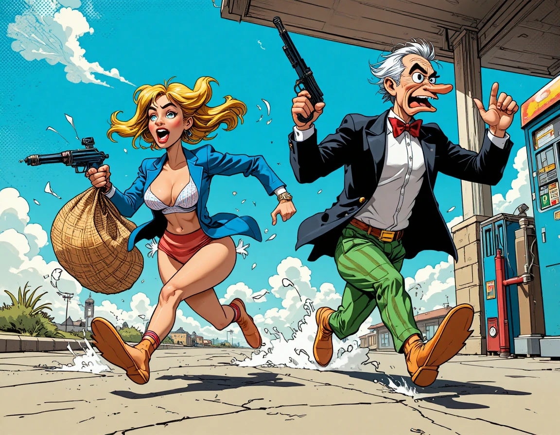 Due anatre corrono in un caotico inseguimento da fumetto