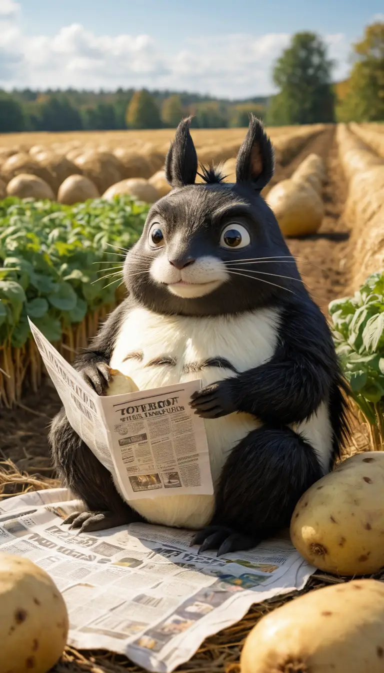 Una puzzola scontrosa legge il giornale seduta su un sacco di patate in un campo
