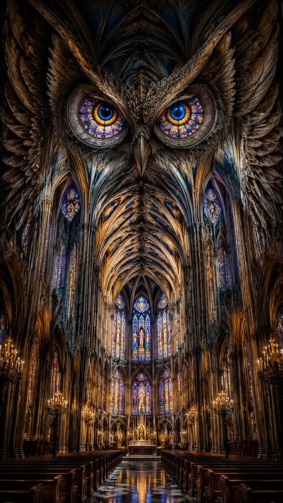Eine alte Kathedrale offenbart eine Eule in ihrer Gewölbearchitektur