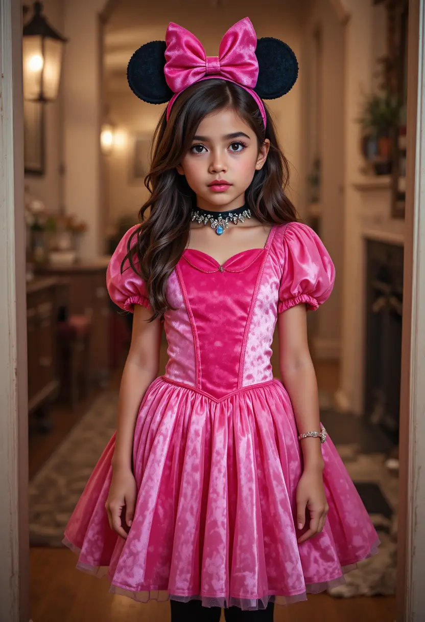 Ein nervöser hispanischer Junge im Teenageralter steht an Halloween im Prinzessinnenkostüm in einer Türöffnung