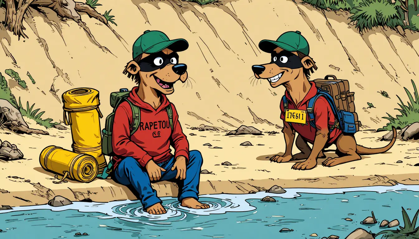 Two cartoon dogs sit beside the water on a camping trip