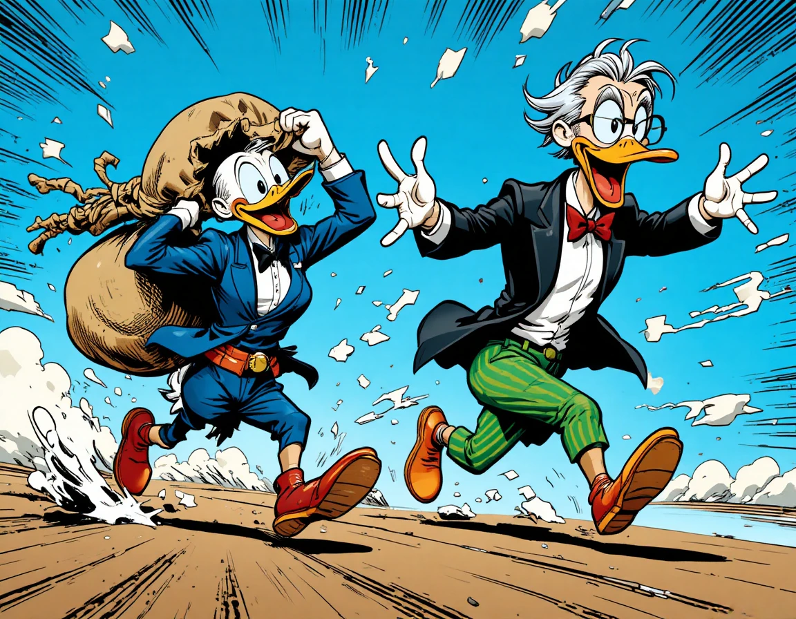 Due anatre si lanciano in un frenetico inseguimento da fumetto