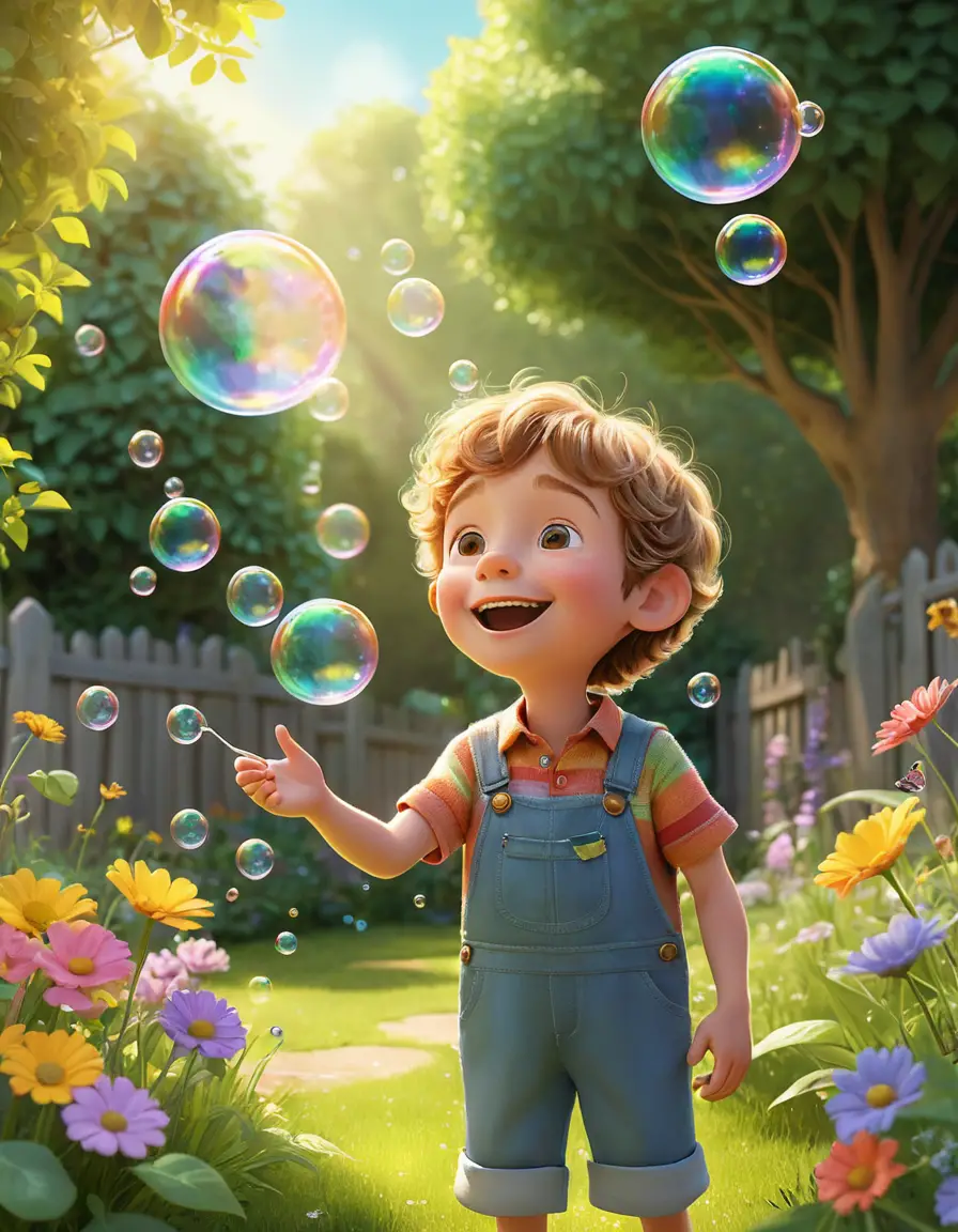 Un bambino soffia bolle di sapone arcobaleno in giardino