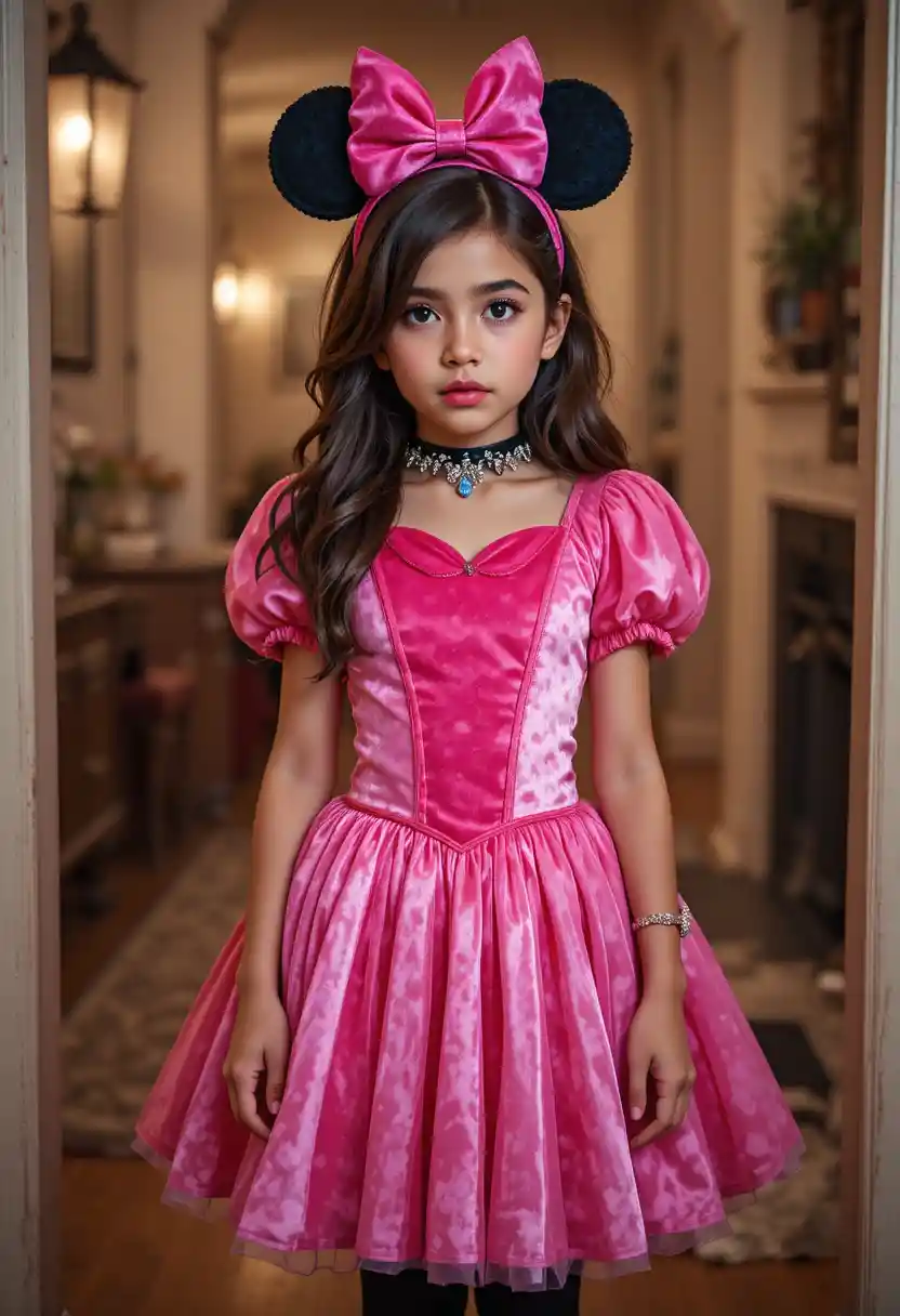 Ein nervöser hispanischer Junge im Teenageralter steht an Halloween im Prinzessinnenkostüm in einer Türöffnung