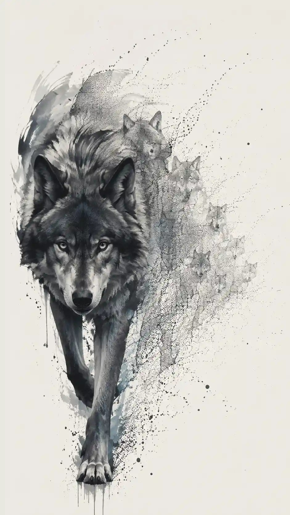 Un loup gris avance parmi des traits d'encre audacieux et un pointillisme numérique fragmenté