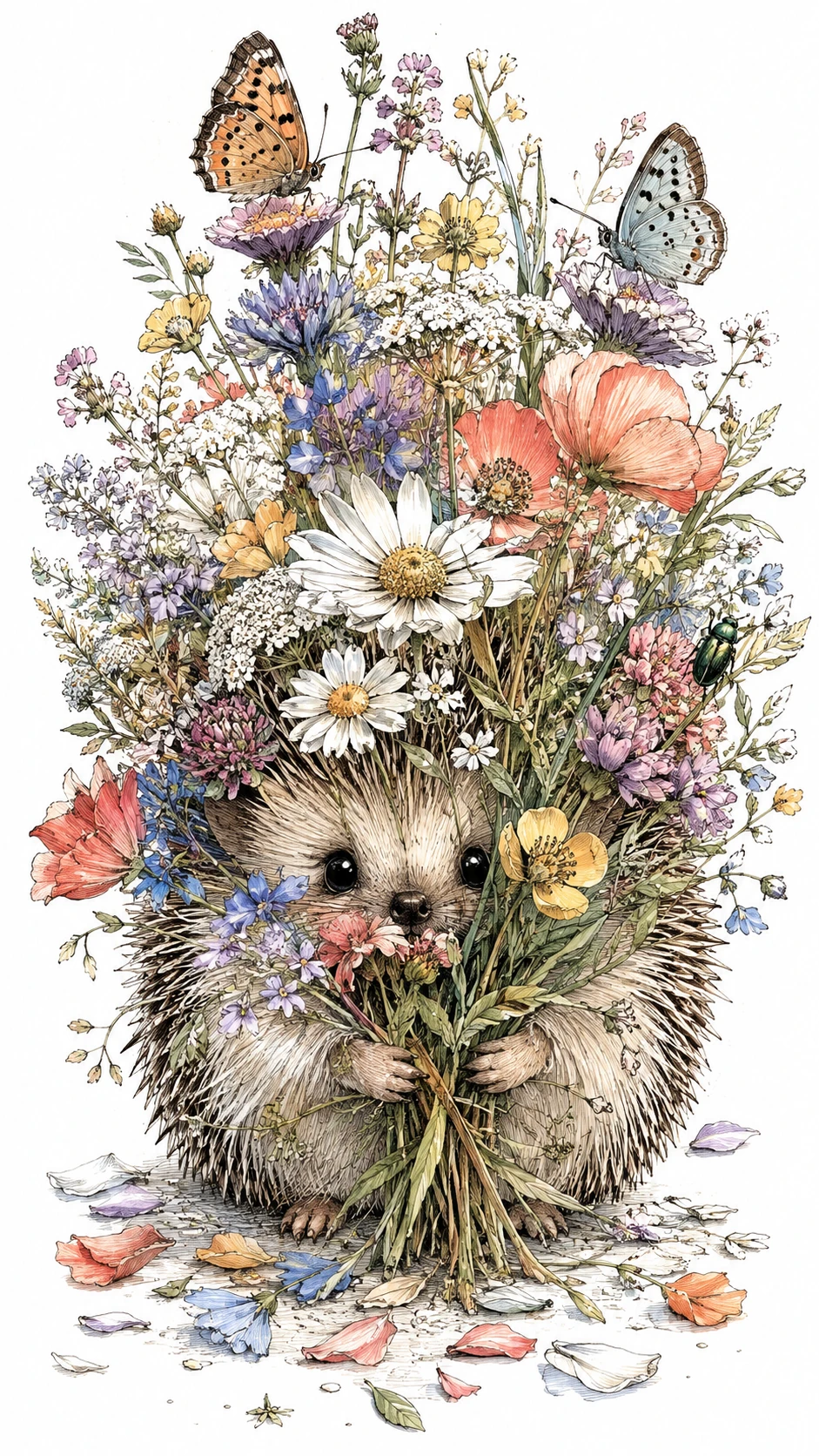 A Tiny Hedgehog Peeks Through an Oversized Wildflower Bouquet